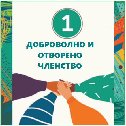 1. Доброволно и отворено членство Кооперациите са доброволни организации, отворени за всички, които могат да използват техните услуги и са готови да поемат отговорностите на членството, без дискриминация по пол, социална, расова, политическа или религиозна основа.
